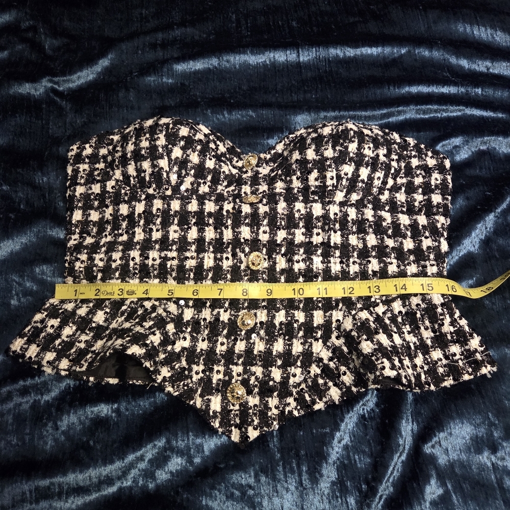 Strapless Houndstooth Black & White Sweetheart Bustier Peplum Top Slight Sequin - Picture 5 of 7